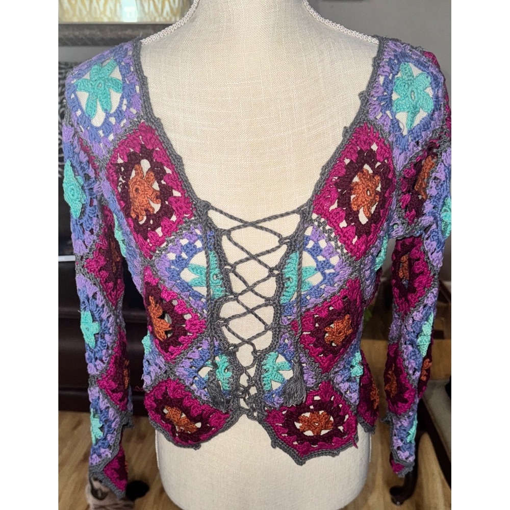 Vtg Crochet Granny Square Lace Up Tassel Top Pink Purple Cotton Small FLAW